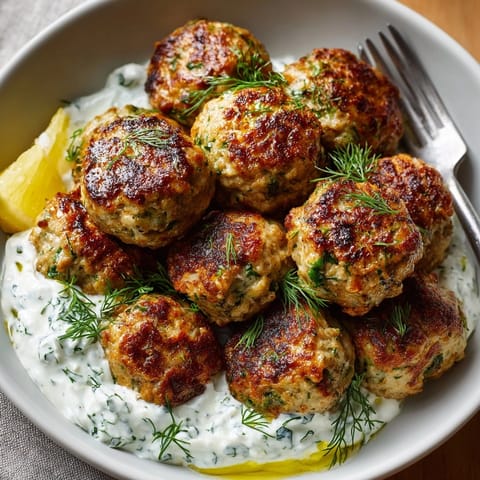 Sizzling Greek Chicken Meatballs with Zesty Lemon served warm on a rustic wooden table.