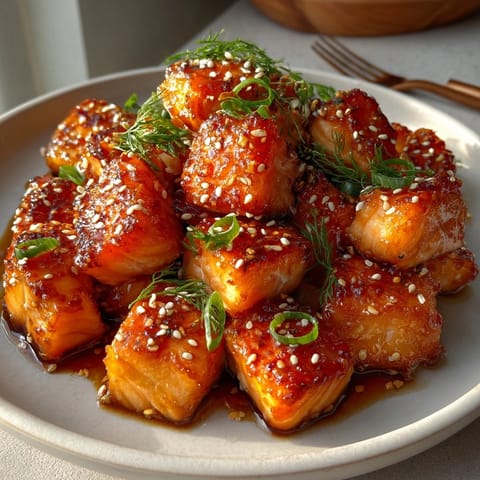Close-up of golden brown Honey Garlic Salmon Bites topped with sesame seeds and fresh green onions.