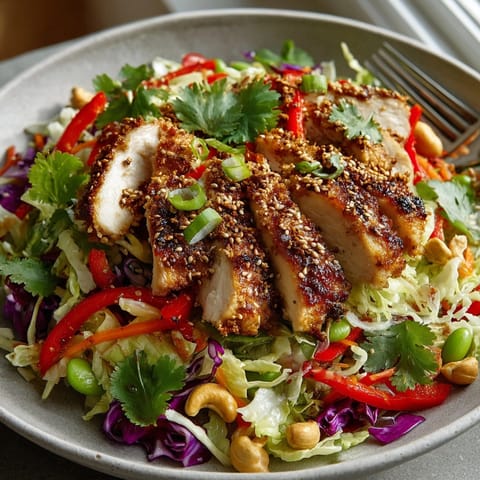 Fresh sesame chicken cabbage crunch salad tossed with carrots and red pepper, served for a summertime lunch.