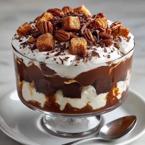 Imagine a delicious Southern Comfort Bourbon Pecan Chaos Cake Trifle, beautifully layered and creamy.