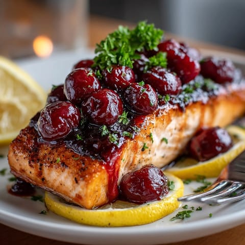 Aromatic cedar planks beneath flaky Western Fresh Cedar Plank Salmon, topped with a vibrant cherry glaze.