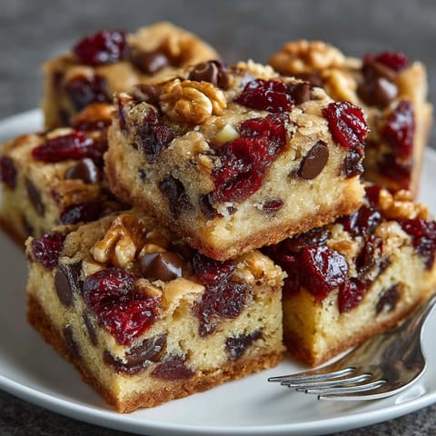 Close up of the chewy Classic American Cherry-Coded Chocolate Chip Cookie Bars, ready to eat!