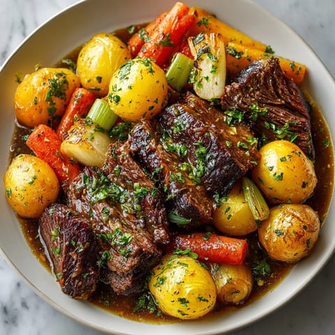 Tender Midwest slow cooker pot roast with fall vegetables, swimming in rich, savory gravy, ready to serve.