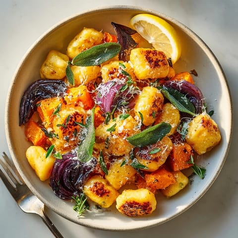Close-up of skillet-roasted butternut sage sheet-pan gnocchi smelling savory, topped with Parmesan.