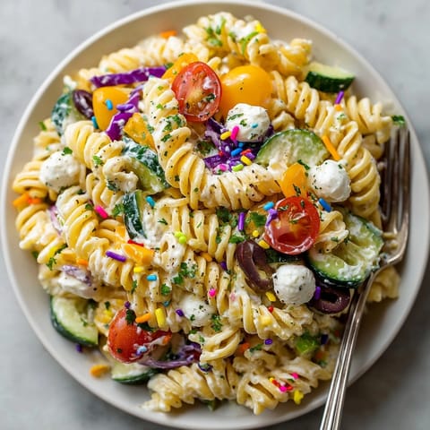 A close-up of the celebratory Chaos-Style Funfetti Birthday Pasta Salad, topped with colorful sprinkles and fresh herbs.