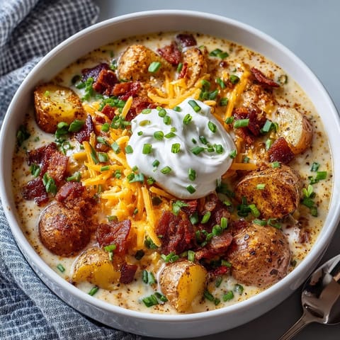 A steaming bowl of Loaded Baked Potato Chowder with visible chunks of potato and crispy bacon, ready to enjoy.