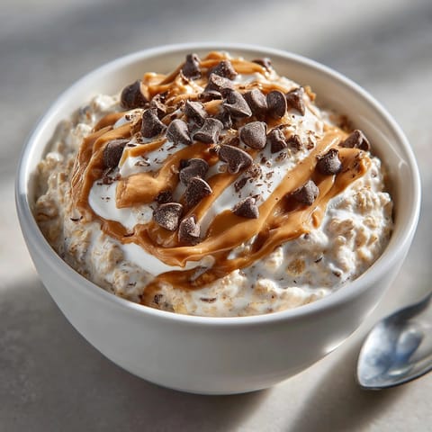 Close-up of Peanut Butter Chocolate Chip Overnight Oats topped with extra chocolate chips and drizzled peanut butter.