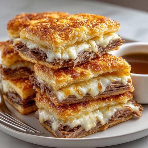 Freshly cut French Dip Squares stacked on a platter, perfect for easy dipping and sharing.