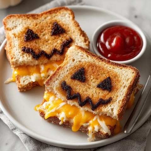 Crispy Jack-o&apos;-Lantern Grilled Cheese Sandwiches, a Halloween treat oozing warm, tangy deliciousness.
