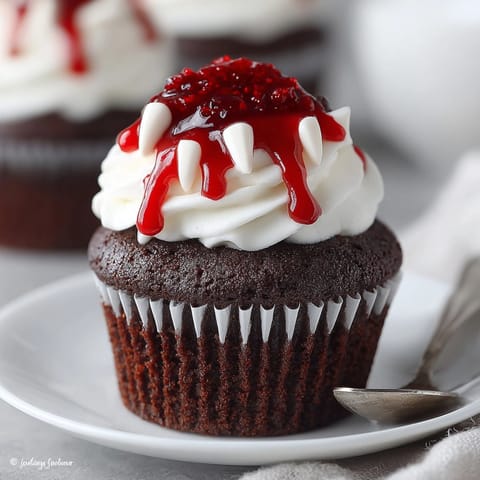 Homemade Bloody Vampire Bite Cupcakes crowned in white, piped vanilla frosting with red drizzle.