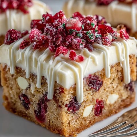 Homemade Cranberry Bliss Bars recipe: a decadent treat featuring cream cheese frosting and bright cranberries.
