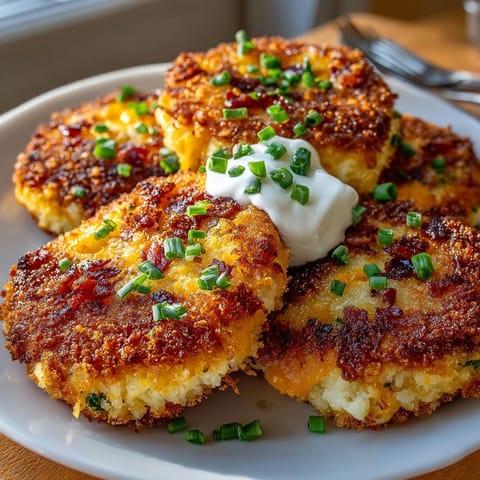 A comforting plate of savory Leftover Mashed Potato Patties, flecked with herbs and melted cheese.