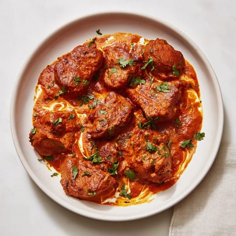 Golden, simmering 30-Minute Spicy Indian Butter Chicken on a skillet; ready to serve.