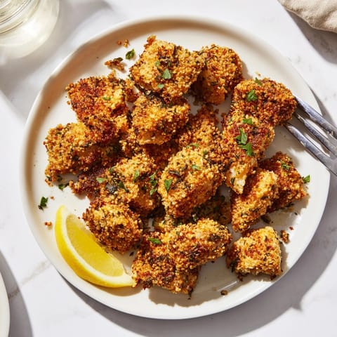 Close-up of savory Garlic Herb Popcorn Chicken: fragrant, bite-sized, tempting family appetizer.