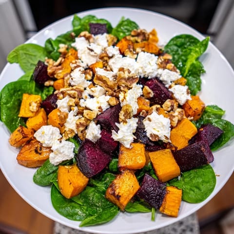 Vibrant image of roasted beet, butternut & spinach salad with crumbled goat cheese and walnuts.