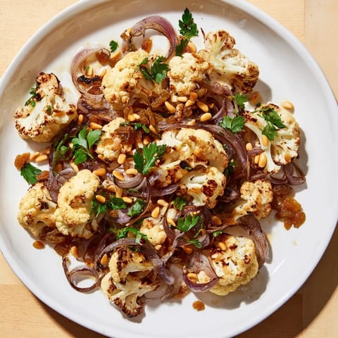 This Warm Roasted Cauliflower & Lemon Pine-Nut Dressing Salad shows vibrantly roasted cauliflower coated in zesty dressing.