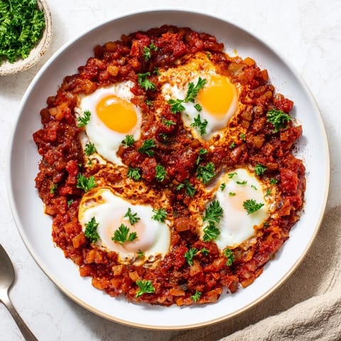 Golden yolks peek from the center of each Savoury Baked Eggs in Tomato Sauce, ready to be scooped up.