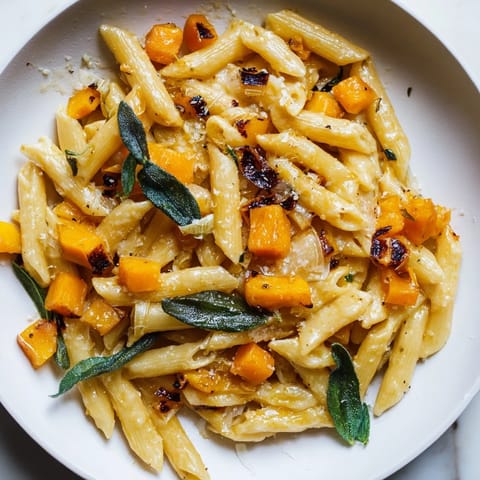 A close-up of steaming brown butter pasta with butternut squash, perfect for fall flavors.