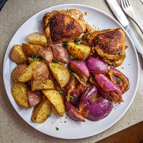 Sizzling Pan-Roasted Zaatar Chicken and Potatoes—a flavorful Middle Eastern dinner idea with roasted vegetables.