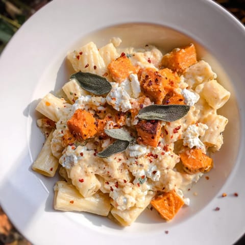 Creamy Viral Sweet Potato Goat Cheese Sage pasta served with crispy sage and parmesan topping.