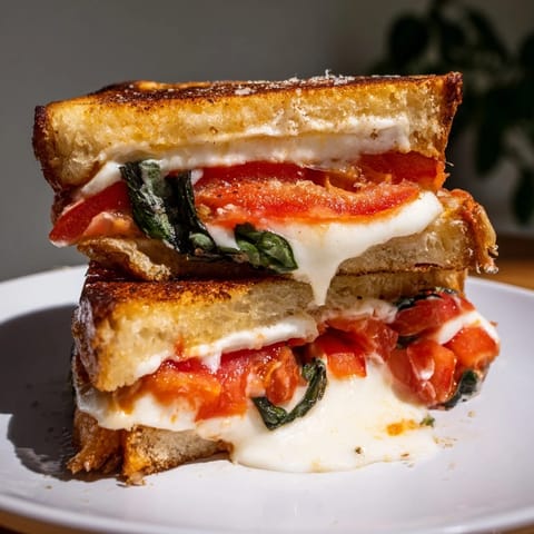 A close-up of a perfectly toasted Air Fryer Pizza Margherita Grilled Cheese, ready to eat.
