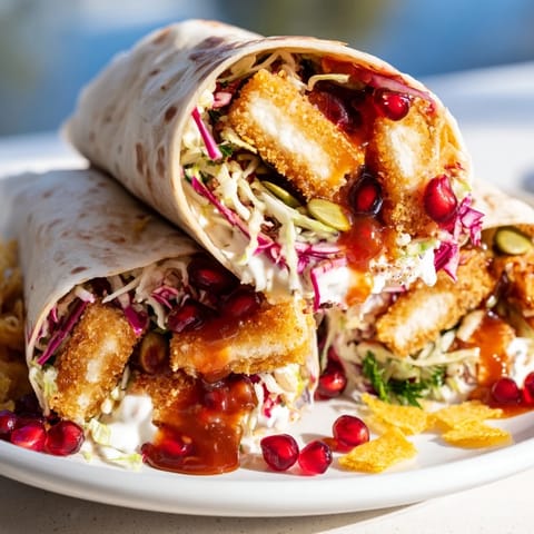 A delicious close-up of a Sweet Chili Tofu Crunch Wrap sliced open, showing vibrant layers of ingredients.