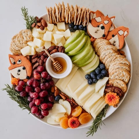 A beautifully arranged Cozy Forest Animal Board with cheeses, fruits, and meats ready for snacking.