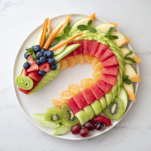 Vivid dragon-shaped fruit tray featuring a watermelon body, kiwi scales, and fresh berries.