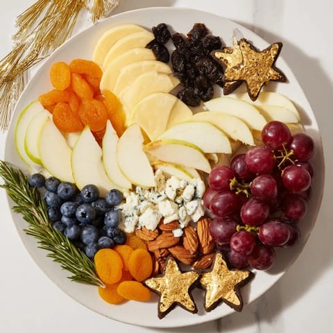 A beautifully arranged Moon & Stars Night Board with cheeses, fruits, and star-shaped crackers.