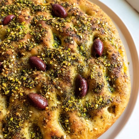 A close-up of fluffy Zaatar Olive Focaccia, with pockets of olive oil and aromatic zaatar spice visible.