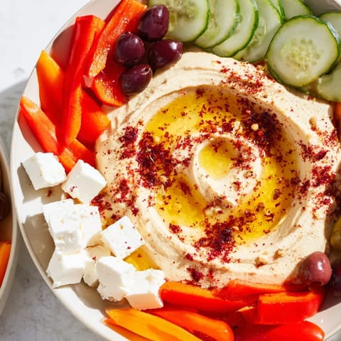 Savory Middle Eastern Mezze Platter bursting with color, offering creamy hummus, feta, and warm pita.