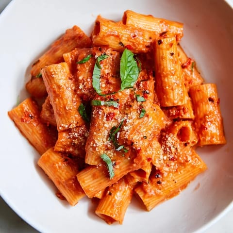 A close-up of rigatoni pasta coated in a rich, spicy tomato cream sauce with steam rising from the skillet.  