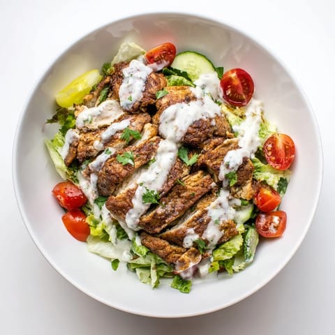 Close-up of a Chicken Shawarma Salad Bowl featuring spiced chicken over mixed greens, diced cucumbers, halved tomatoes, and tangy Greek yogurt garlic drizzle for a healthy meal.
