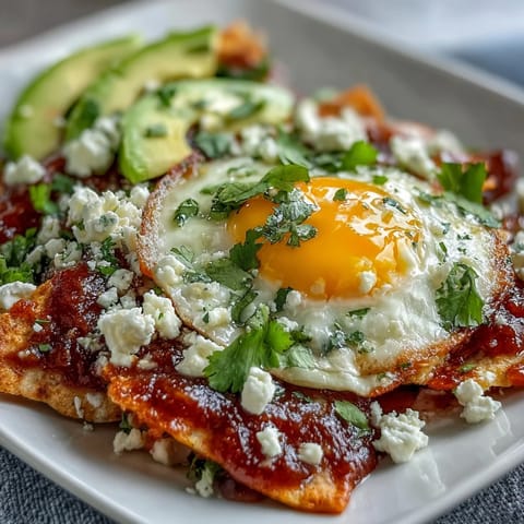 Crispy chilaquiles topped with a runny egg, fresh cilantro, and crumbly cheese.