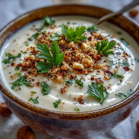 Velvety roasted celeriac soup with savory hazelnut crumble, perfect for a cozy meal.