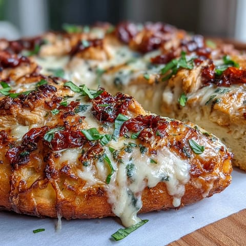 A close-up of Marry Me Chicken Pizza slice with gooey mozzarella, savory sauce, and golden-brown crust.