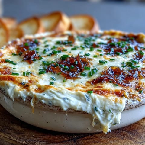 Creamy smoked Gouda & onion dip emerges from the oven with a golden crust. Topped with fresh chives and served alongside crisp vegetables for dipping.