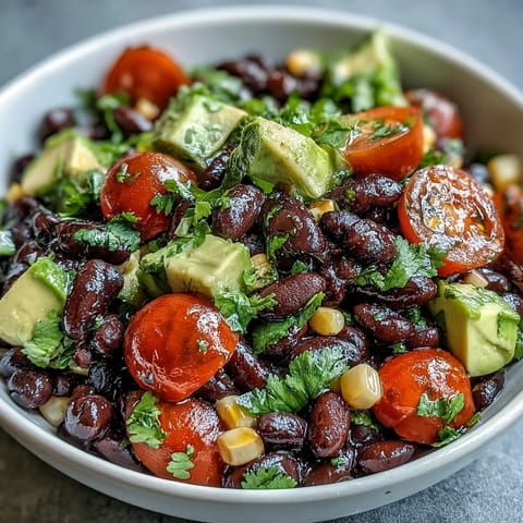 Fresh cilantro and pumpkin seeds top a colorful Black Bean and Veggie Bowl, ready to be enjoyed with a zesty lime dressing.