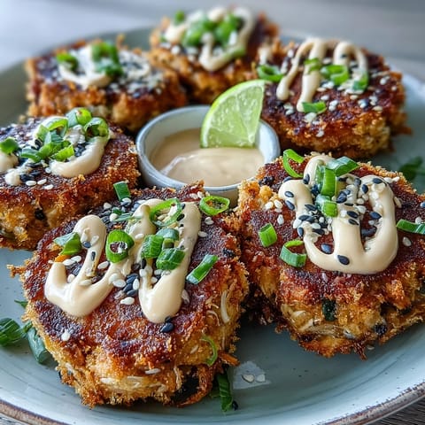 Freshly fried Asian-Style Tuna Cakes garnished with green onions and sesame seeds on a platter.