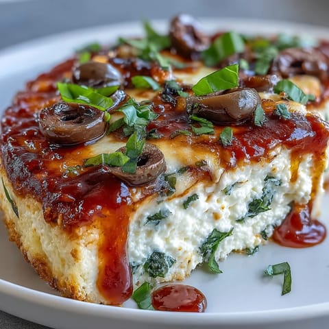 Healthy Cottage Cheese Pizza Bowl topped with fresh spinach and basil, served warm in a white ceramic dish for a low-carb meal.