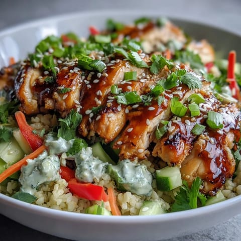 Sliced marinated chicken and colorful vegetables sit over warm couscous, garnished with toasted sesame seeds and fresh cilantro for a flavorful meal.