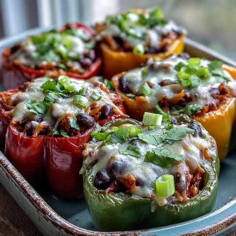 Bubbling cheddar tops vibrant bell peppers filled with hearty chili mac for a weeknight dinner.