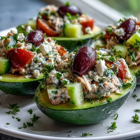 Colorful Mediterranean Tuna Salad Stuffed Avocados served in the avocado shells on a rustic plate.