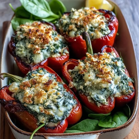 Freshly baked Vegan Spinach and Artichoke Stuffed Peppers reveal a creamy, grain-filled interior, paired with a crisp green salad on the side.