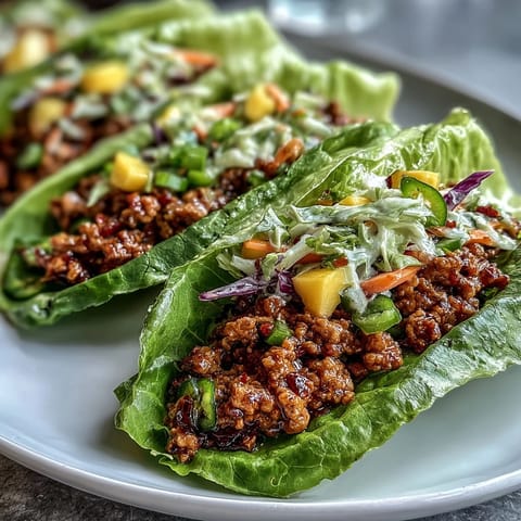 Spicy ground turkey filling in crisp romaine lettuce cups with bright mango slaw topping for these Skinny Spicy Turkey Lettuce Tacos.