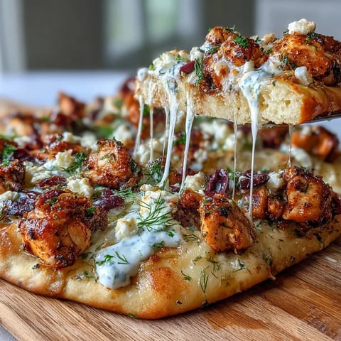 Oven-baked naan crust topped with mozzarella, marinated chicken, feta, and red onion slices.  