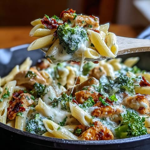 Savory Garlic Parmesan Broccoli and Chicken Pasta skillet meal, combining al dente pasta, sautéed chicken, and crisp broccoli florets in a creamy cheese sauce.  