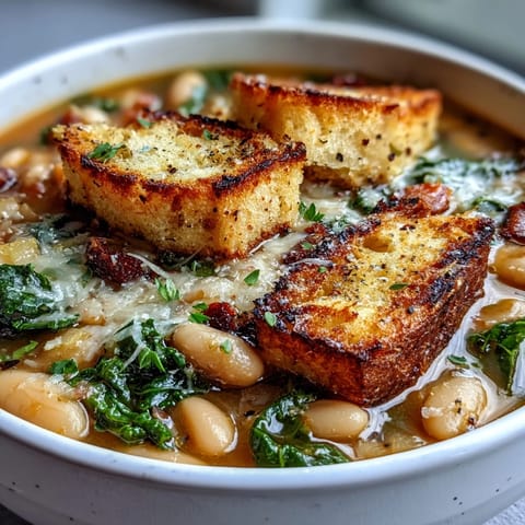 Rustic Italian Ribollita soup featuring tender white beans, vegetables, and golden sourdough croutons for a comforting meal.