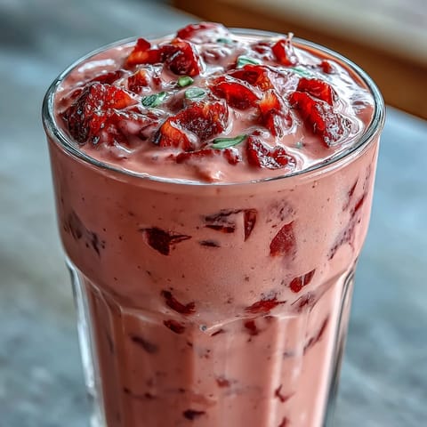 A vibrant strawberry banana protein smoothie with chia seeds, blended to creamy perfection for a nutritious breakfast or post-workout boost.