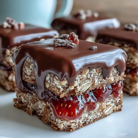 Chocolate-dipped strawberry oat bars with chewy oats and rich dark chocolate topping, a sweet no-bake treat perfect for dessert.